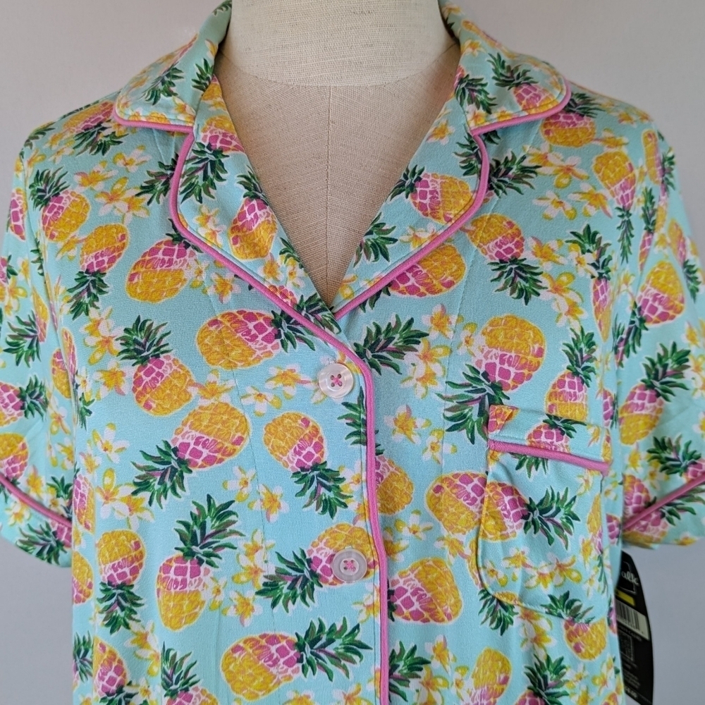 Pillow Talk Tropical Pineapple Print PJ Set Short Sleeve Top Pants Aqua M NWT - Picture 10 of 12